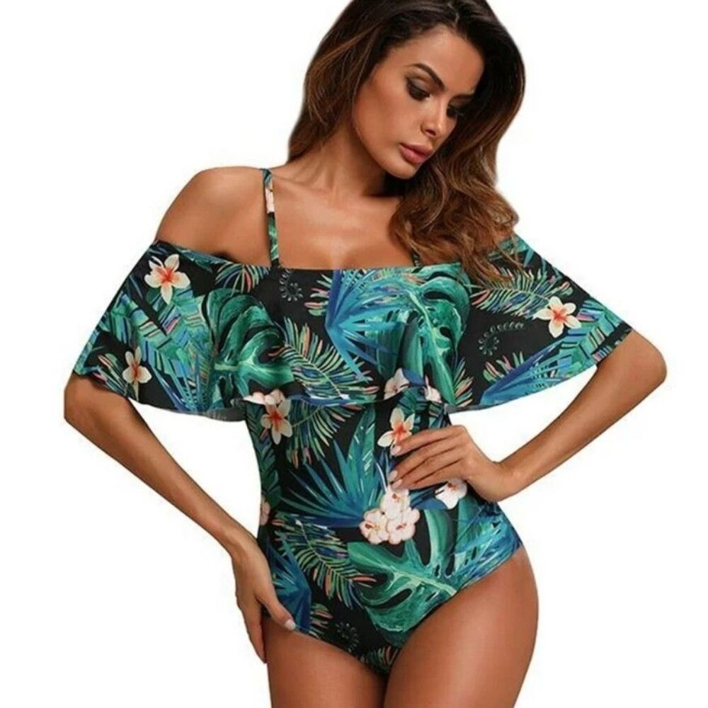 Women's Bandeau Flounce Front‎ Ruched Full Coverage One Piece Swimsuit Medium